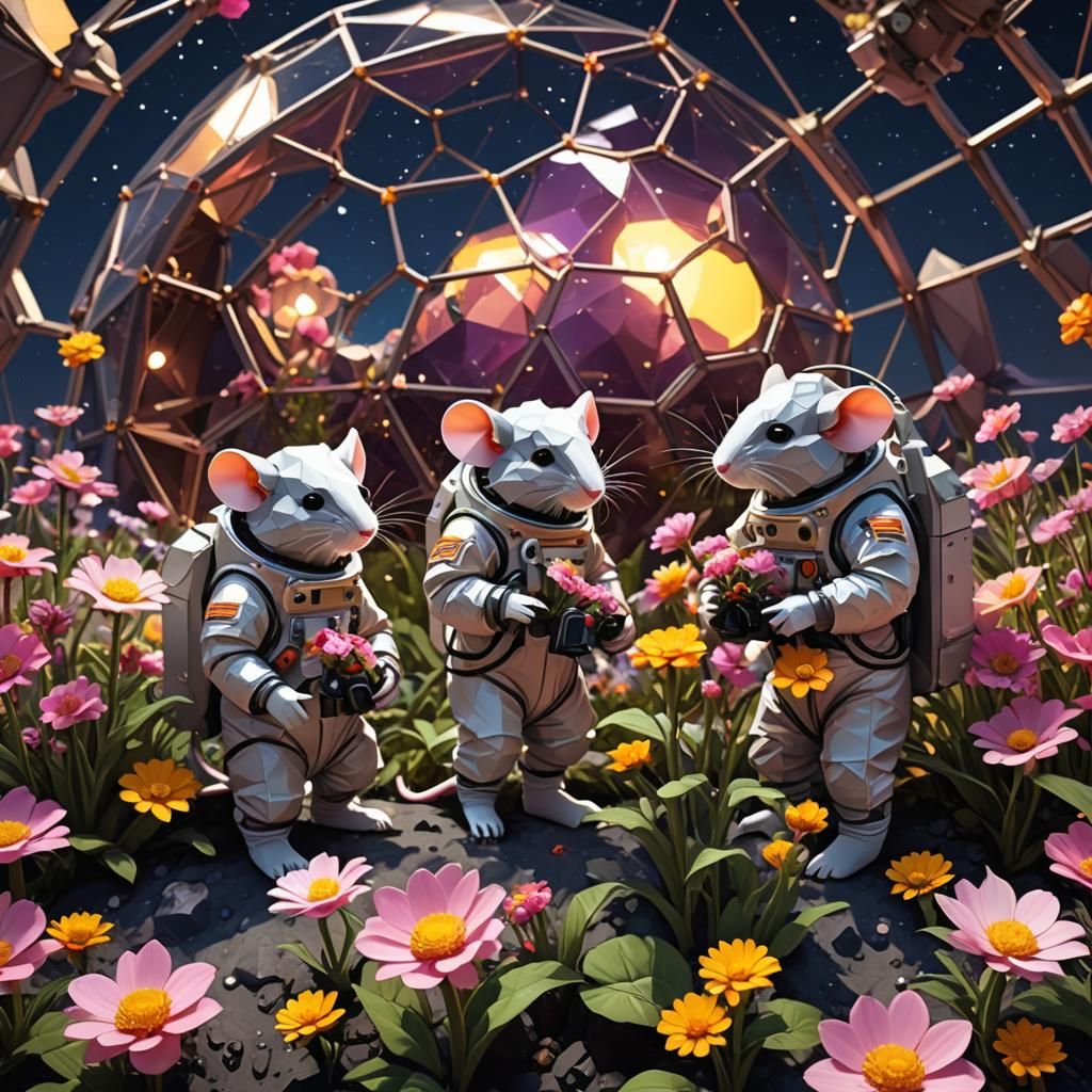 Mice Gardeners on the Moon in Low-Poly Style