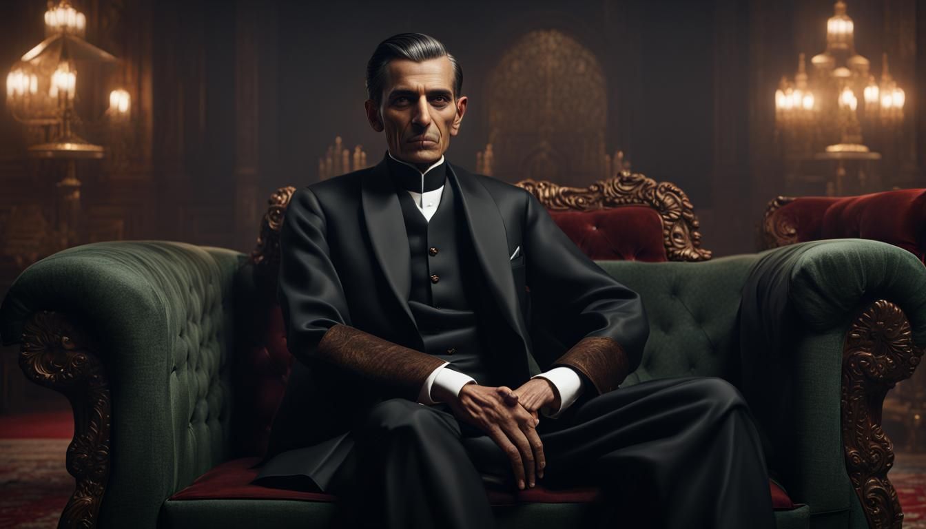 Hyper Realistic Quaid E Azam Sitting on a Velvet Sofa Wearin...