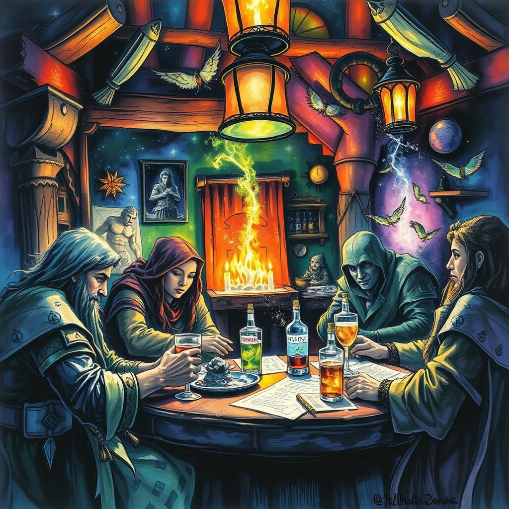 D&D Adventurers in Fantasy Tavern: Alcohol Ink Painting