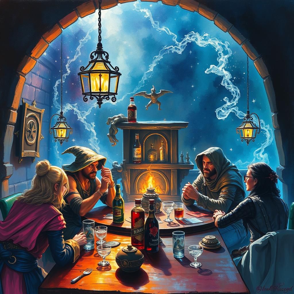 Fantasy Adventurers Gather in a Magical Tavern Scene