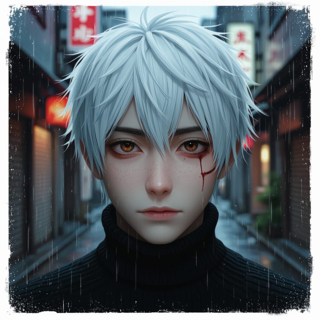 Hyperrealistic Portrait of Ken Kaneki in Rainy Tokyo Alley