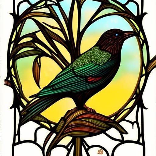 Gothic Art Nouveau Raven in Stained Glass Style
