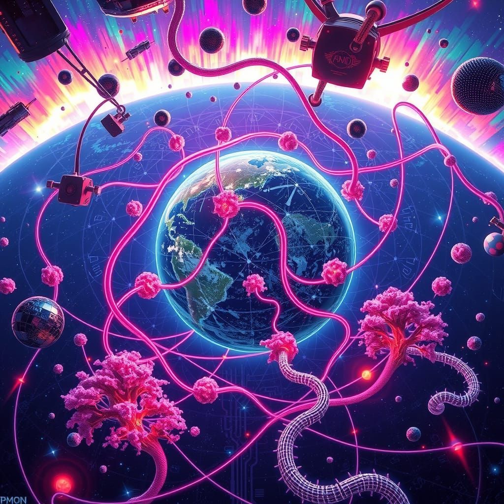 Earth Enshrouded in Luminescent Cybernetic Circuitry