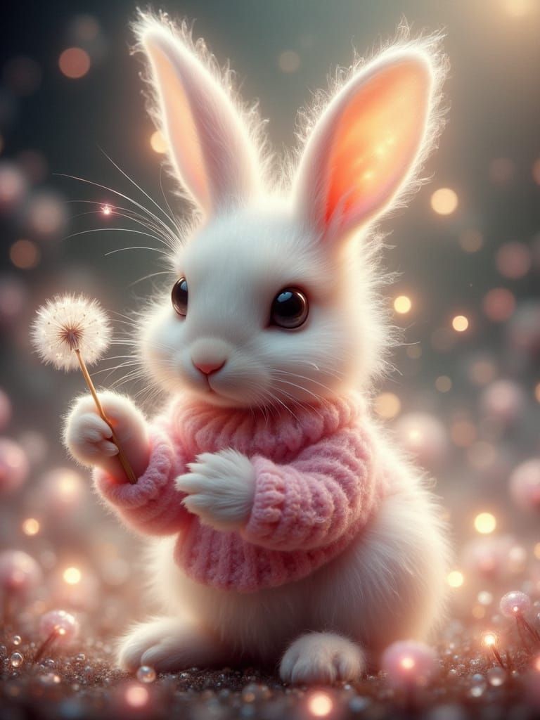Pink Rabbit Blowing Dandelion with Soft Luminescence
