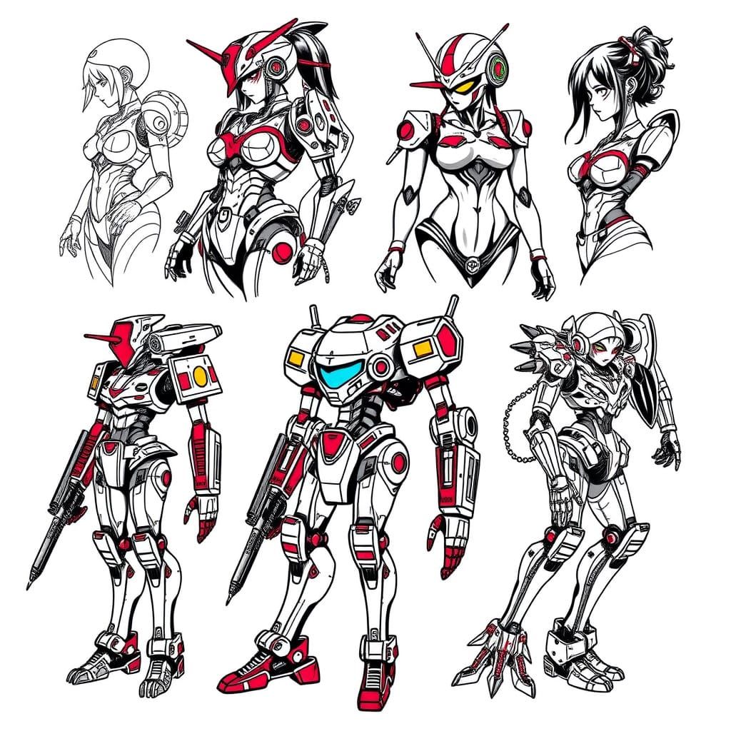 Mucha-Inspired Anime Mecha Tattoo Flash Sheet