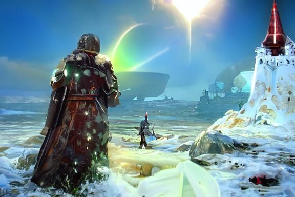 Man with Glowing Sword on Frozen Beach