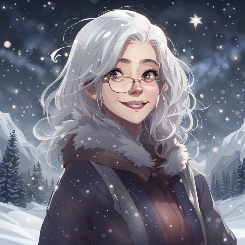 Librarian Woman Smiles in Snowy Starry Landscape