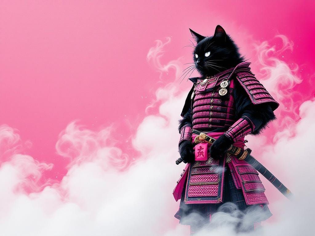 Cat Samurai in Pink Mist: Hokusai and Murakami Fusion