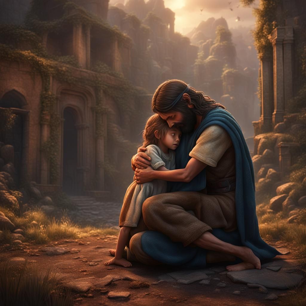 Jesus Comforts Lost Child: Fantasy Concept Art