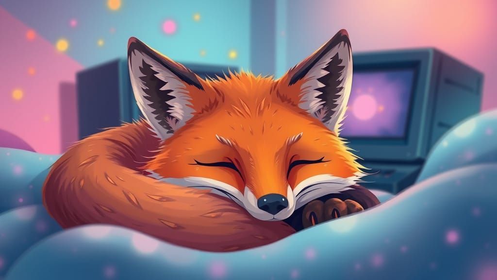 Relaxed Fox with Computer in Dreamy Digital Art Style