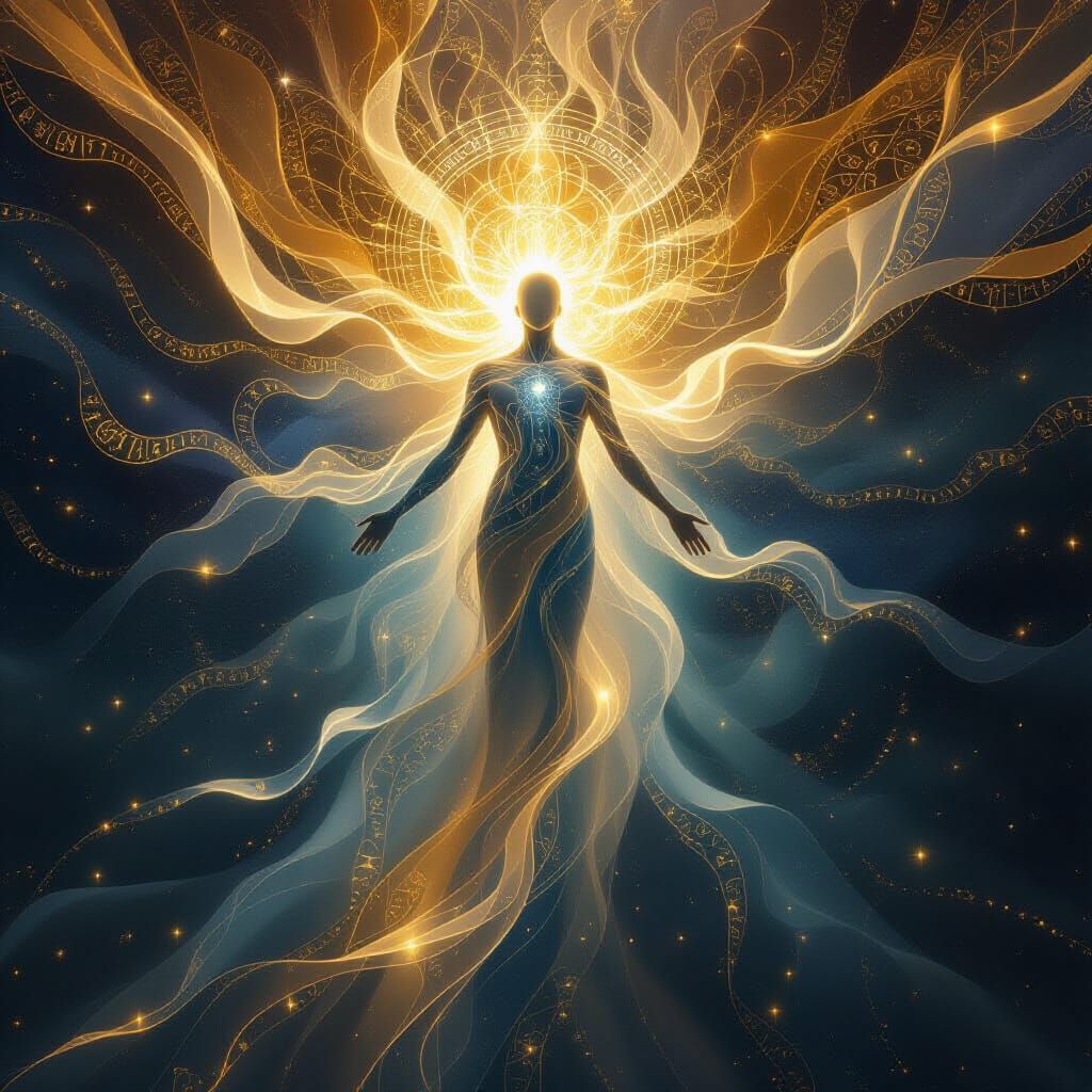 Ethereal Figure Dissolving into Cosmic Light Patterns