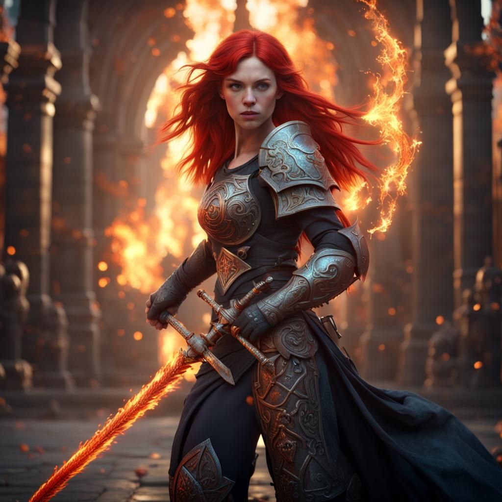 Fiery Redhead Warrior with Sword and Shield