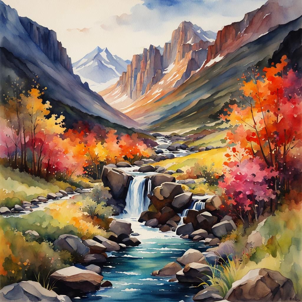 Anime Waterfall Scene in Watercolor Style