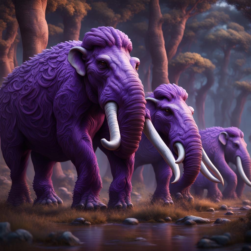 Purple Mastodons in a Detailed Matte Painting