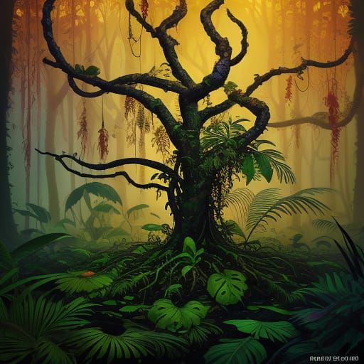 Surreal Jungle Iboga in Vibrant Oil Painting Style