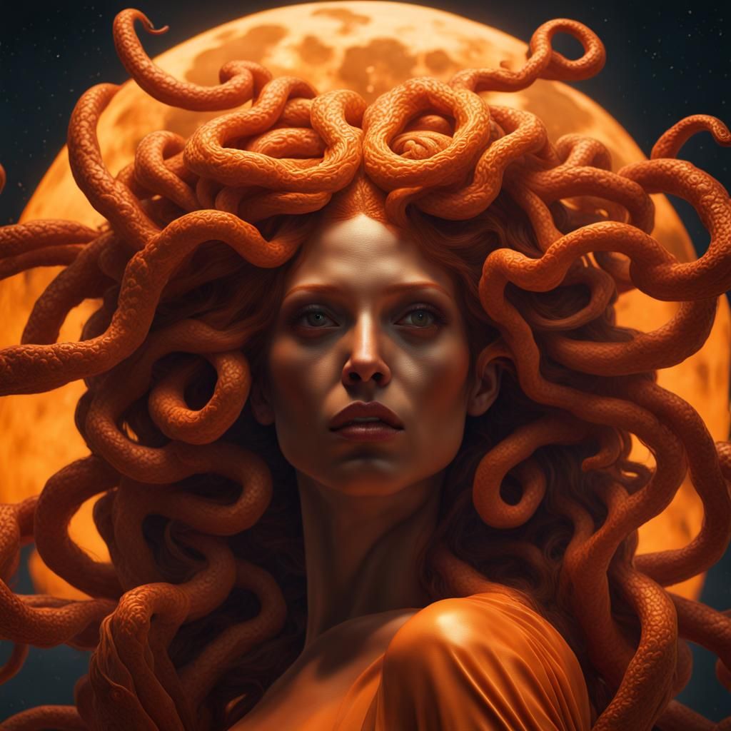 Hyperrealistic Orange Medusa Under Full Moon