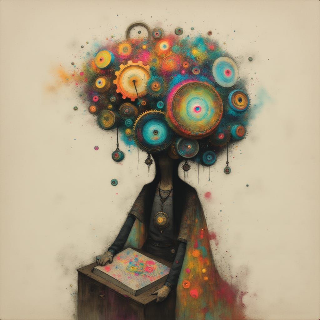 Steampunk Brain on Female Shoulders in Watercolor