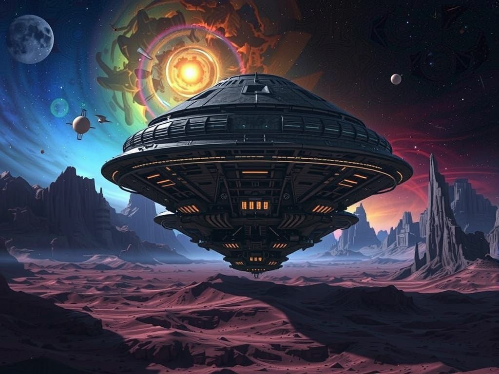 UFO Spacecraft Soaring in Cosmic Digital Art Style