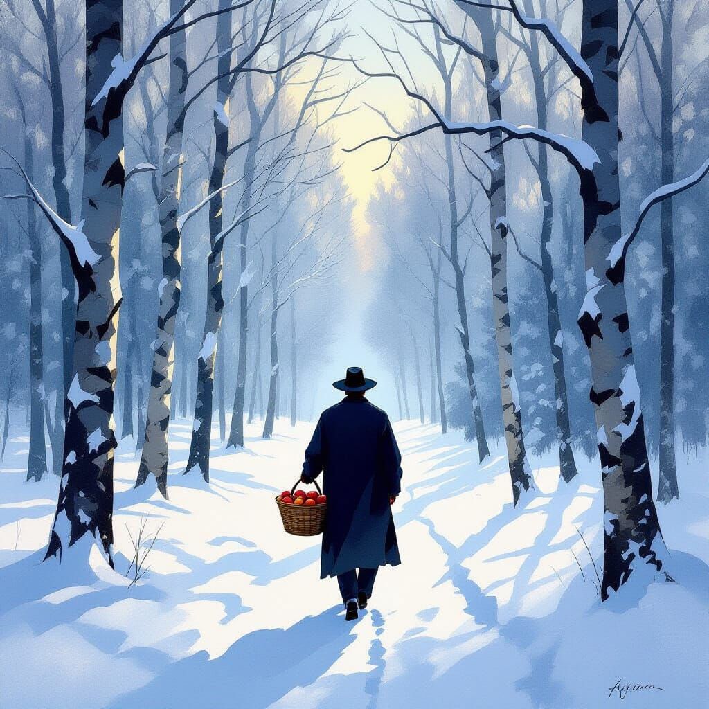 Rabbi with Apples in Serene Winter Forest