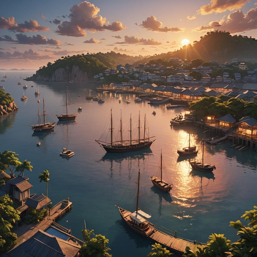 Tropical Island Sunset in Anime Style