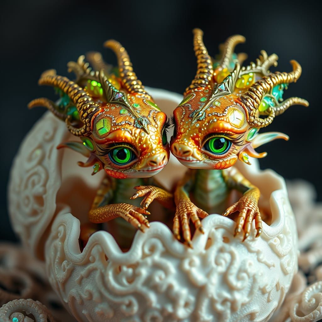 Surreal Dragon Twins Emerge in Radiant Hues