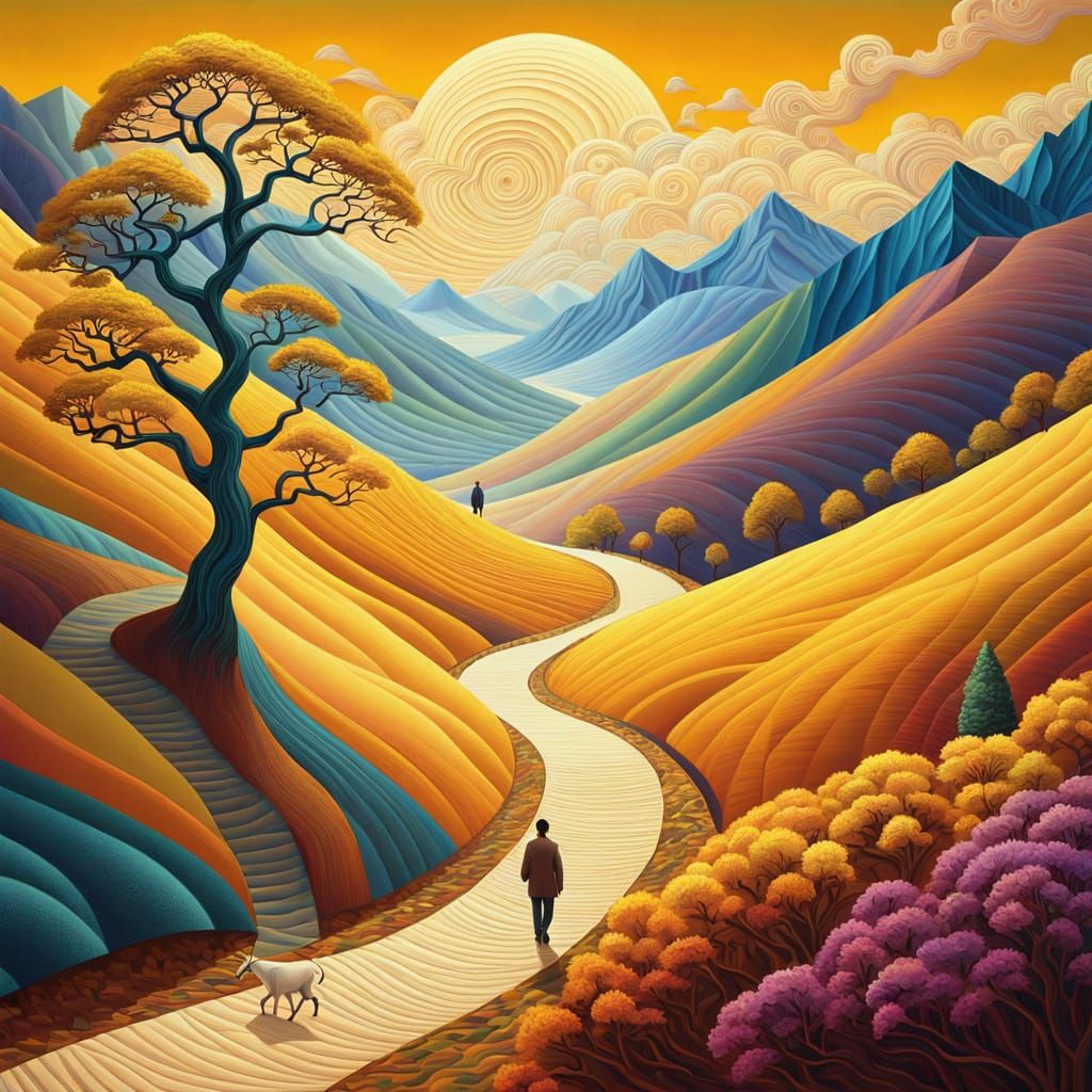 Man and Goat on Winding Path in Expressionist Style