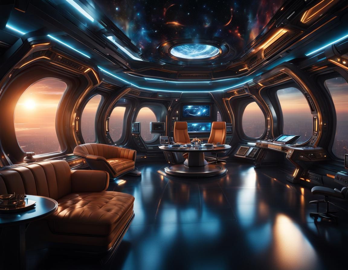 Luxurious Spaceship Interior with Stunning Outer Space View