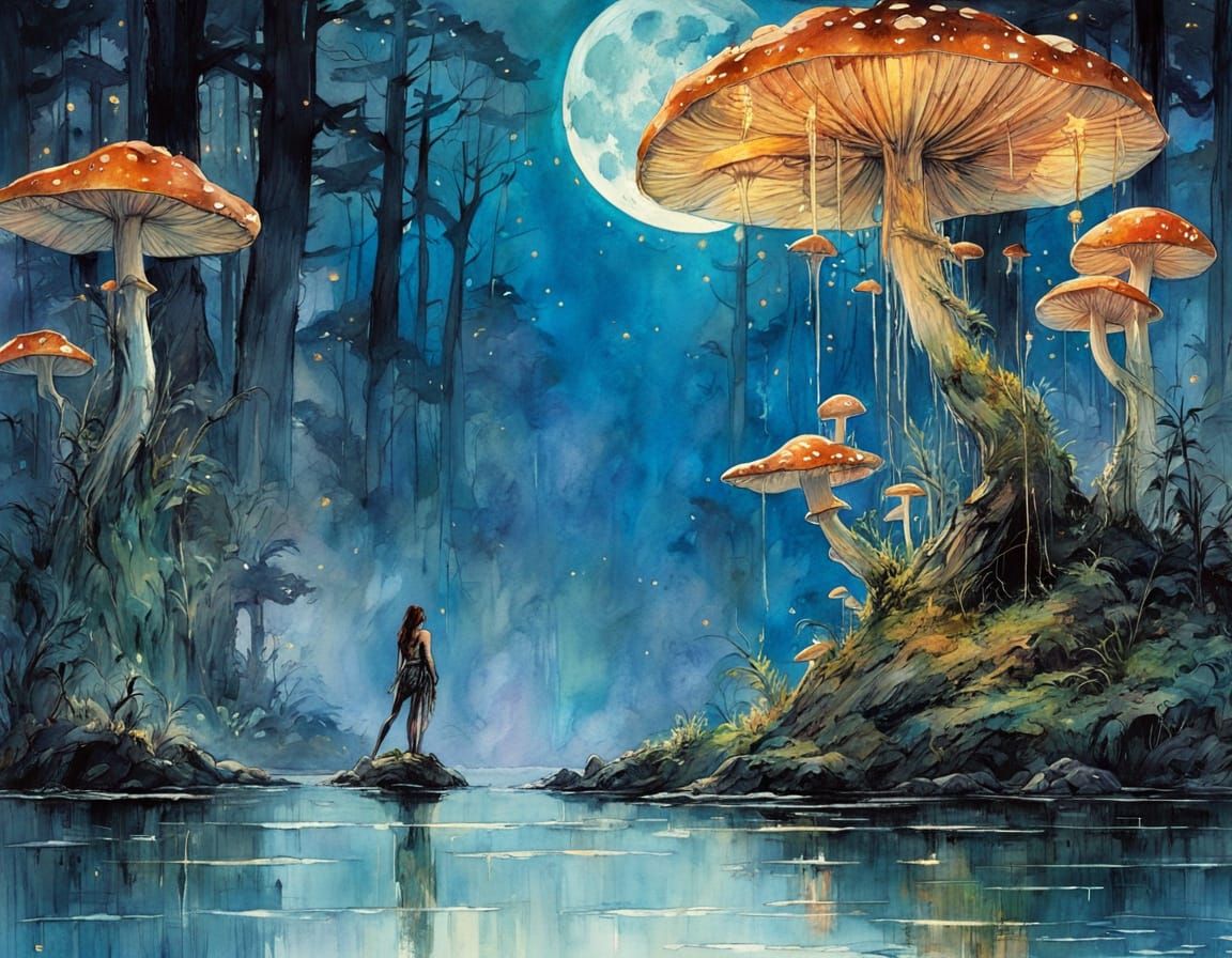 Moonlit Mystical Forest Panorama in Intricate Watercolor Sty...