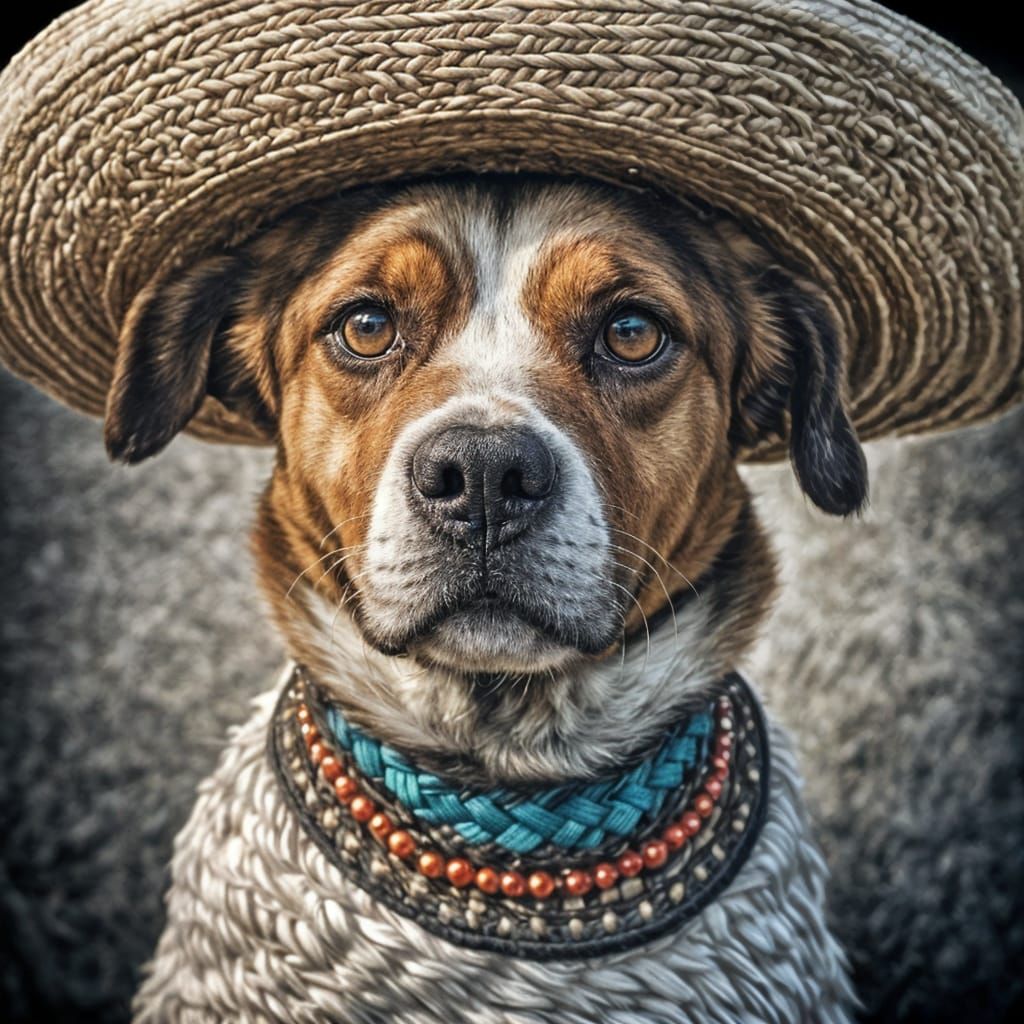 A turbulent techchichi dog in a woven sombrero intricate details, HDR, beautifully shot, hyperrealistic, sharp focus, 64...