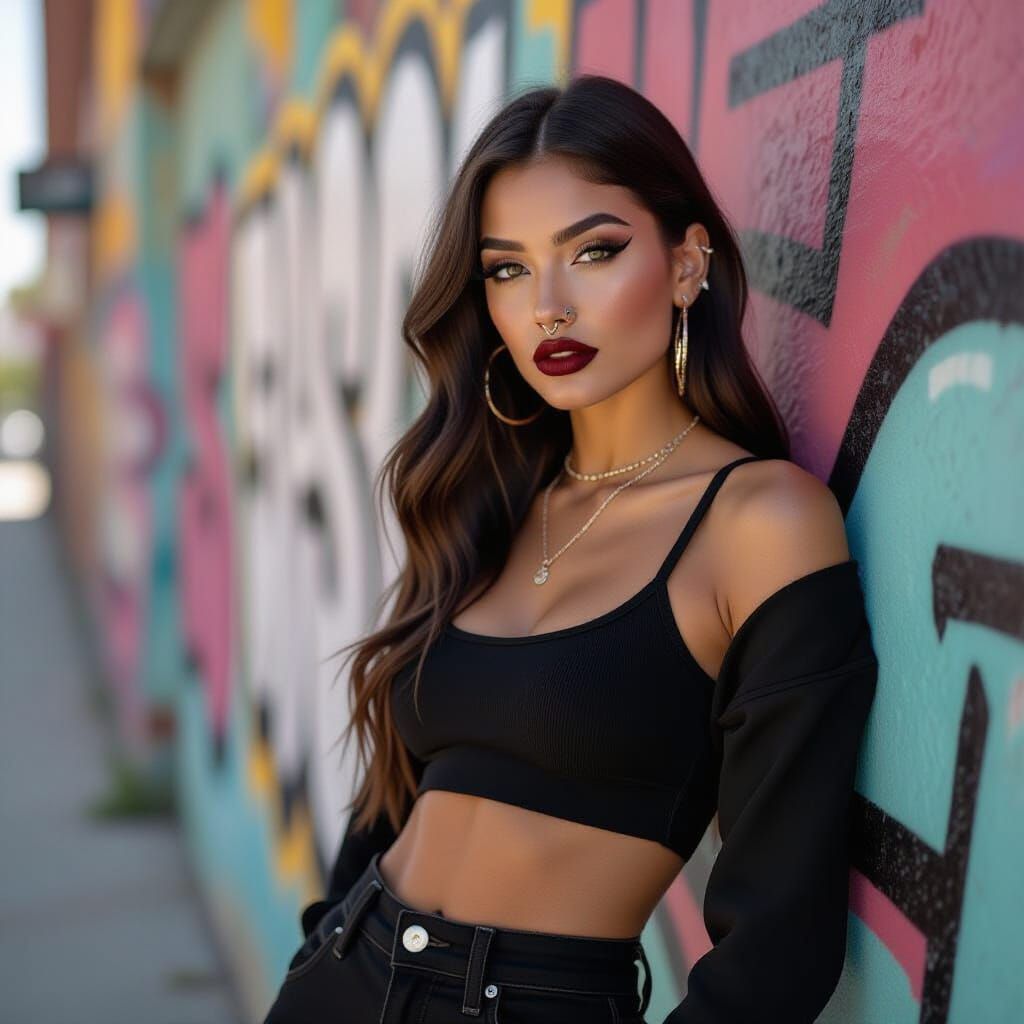 Model Leaning on Graffiti Wall: Realistic Cinematic Portrait