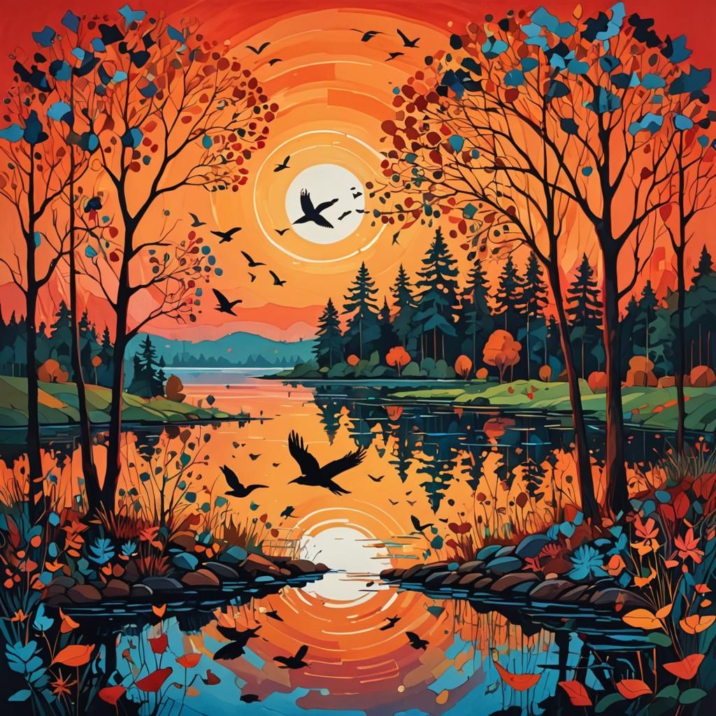 Colorful Sunset Lake with Birds and Forest