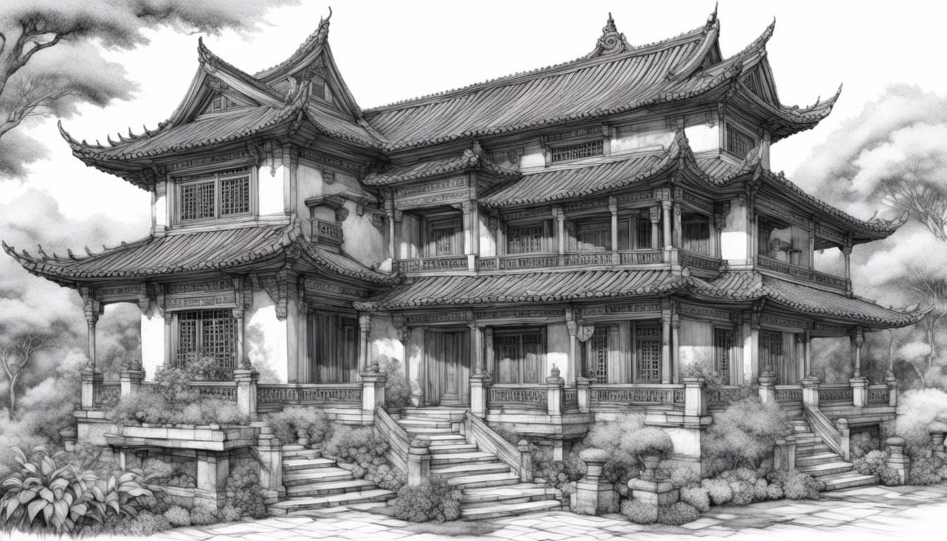 Tang Dynasty Chinese House: Black and White Drawing