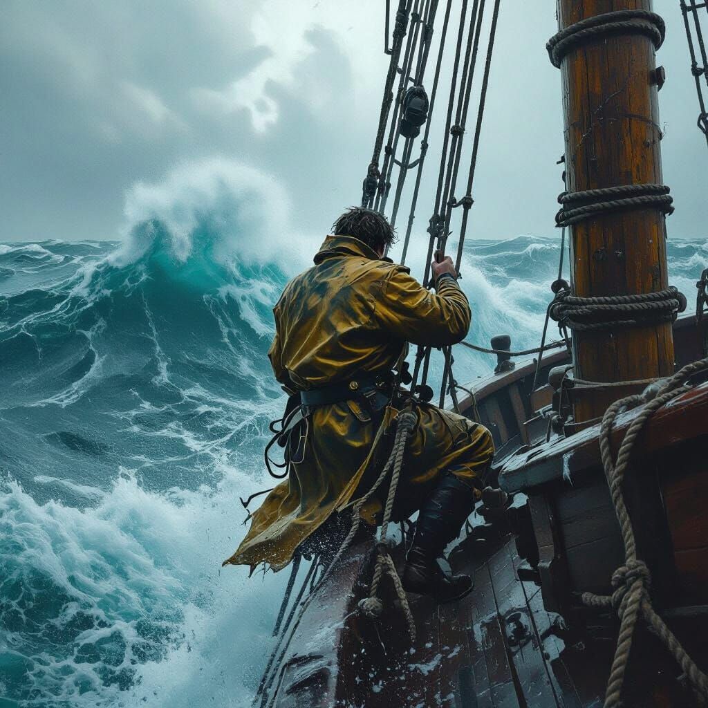Sailor Navigating Stormy Seas: Matte Painting Style