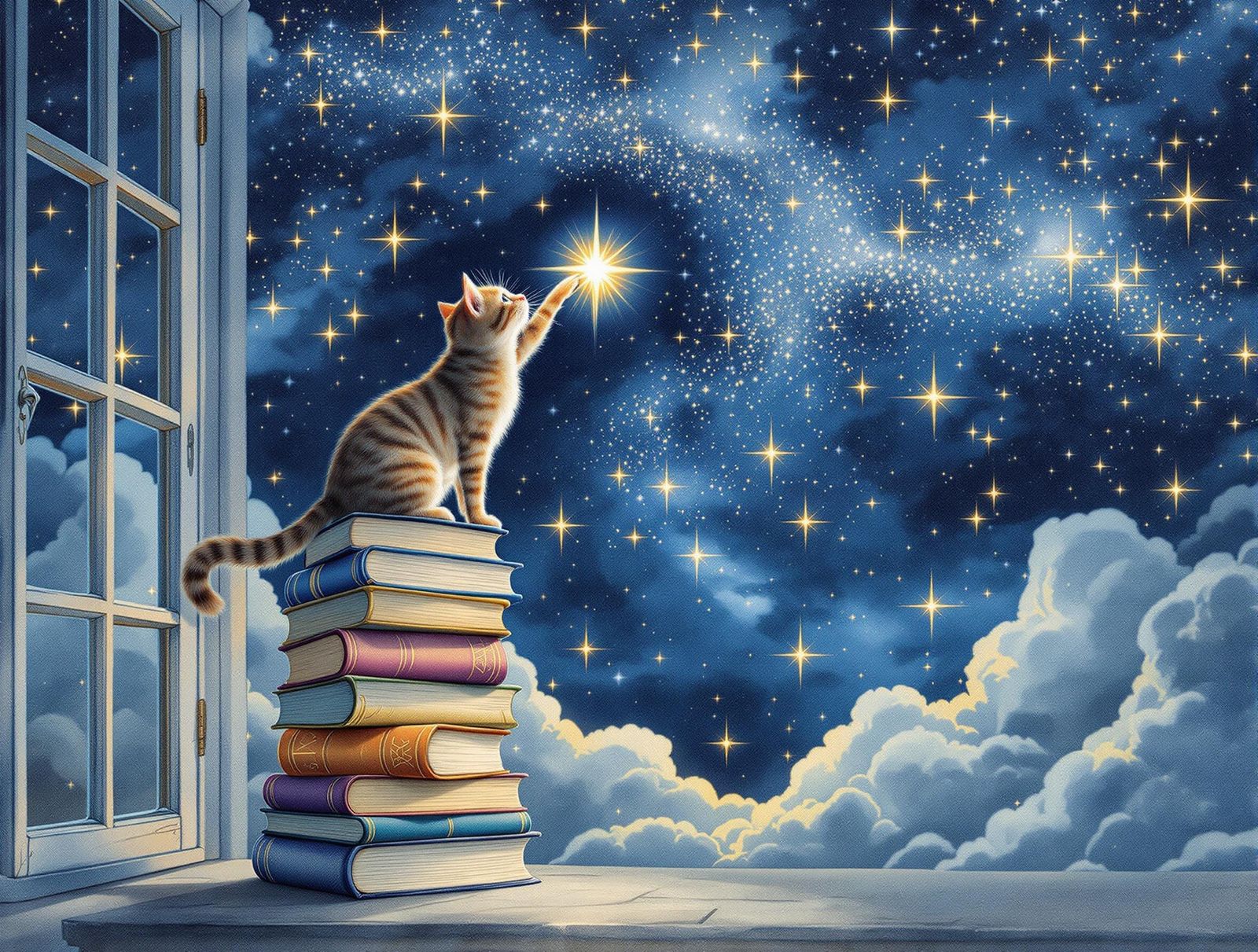 Cat Reaching for a Star in Watercolor Painting