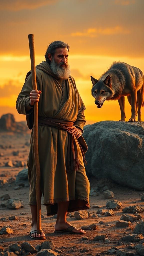 Middle Eastern Shepherd Protects Flock from Snarling Wolf in...