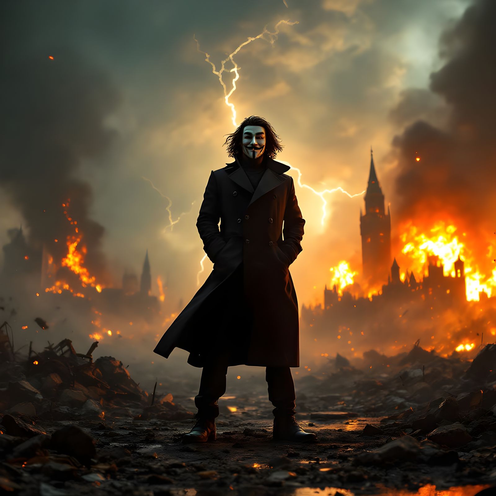 Guy Fawkes as Hero in Apocalyptic Scene