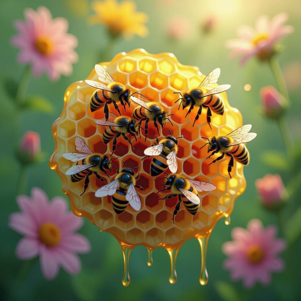 Honeycomb with Bees and Flowers in Comic Book Style