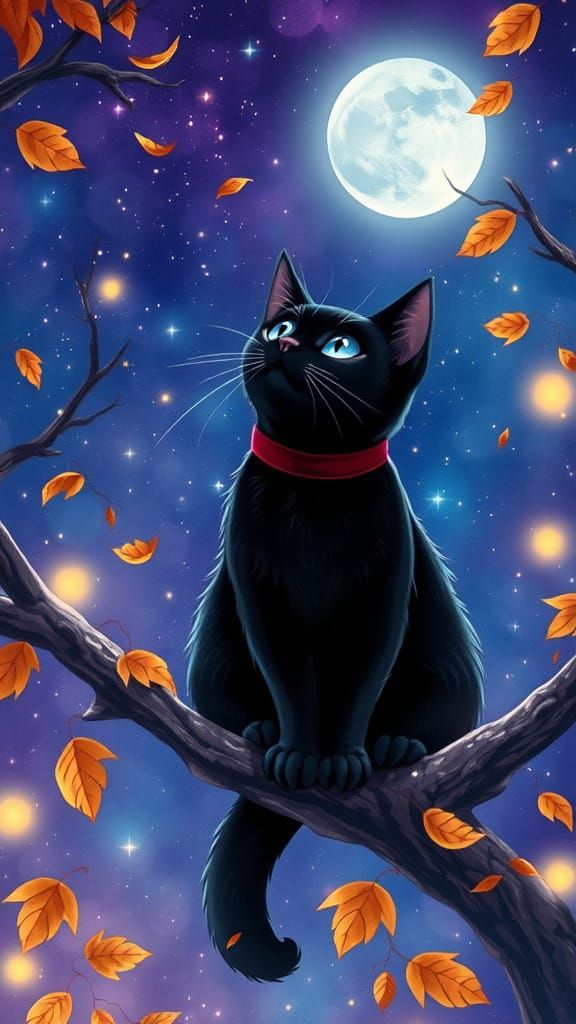 Black Cat with Blue Eyes on Tree Branch Under Starry Sky