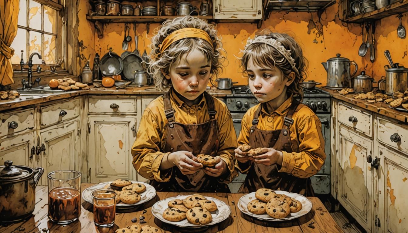 Children Enjoy Cookies: Mystical Illustration in Golden Ligh...