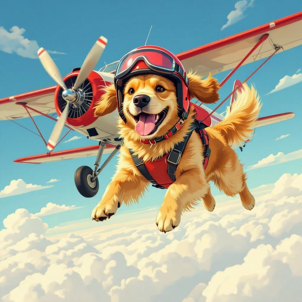 Happy Golden Retriever Skydiving in Whimsical Style