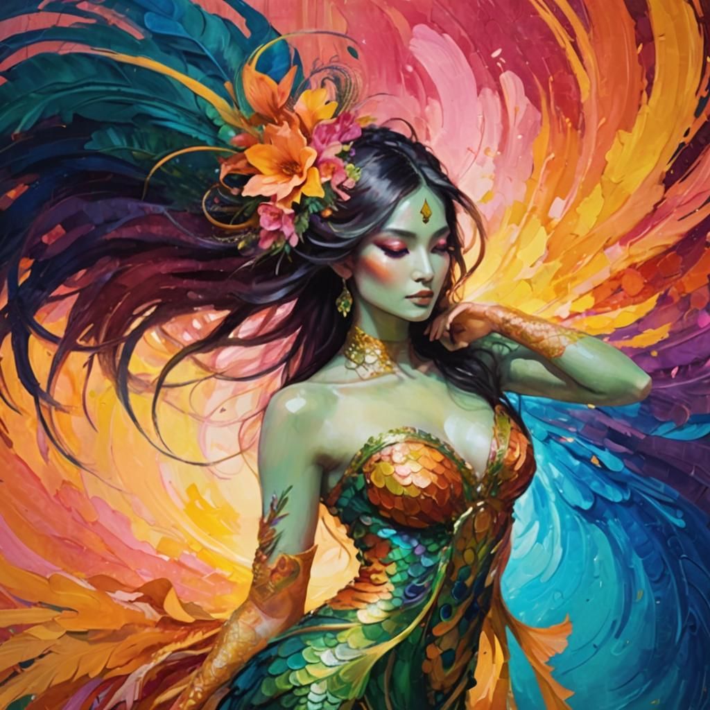 Dragon Peacock Woman in Abstract Expressionism Style