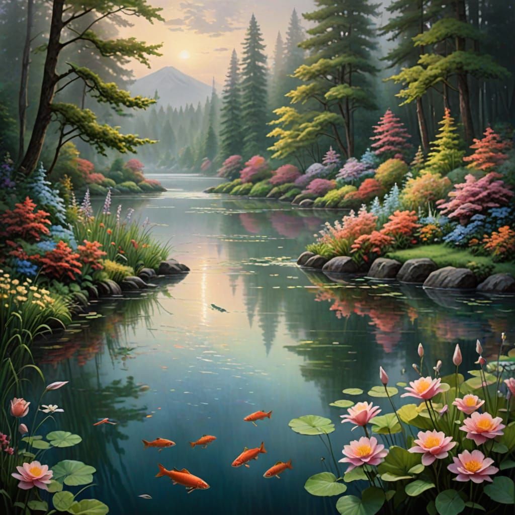Ethereal Salmon in a Serene Fantasy Landscape