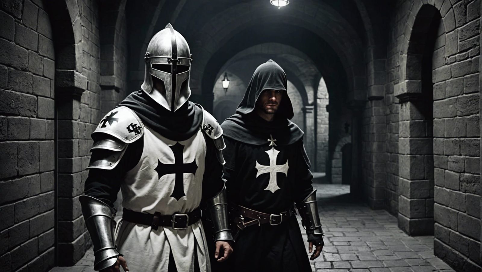 Teutonic Knight in Dark Medieval Corridors