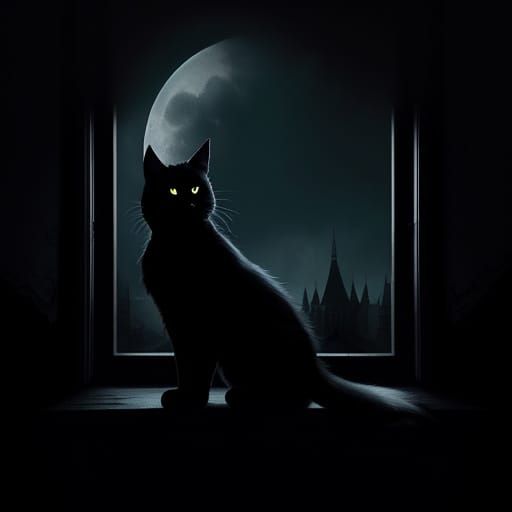 Black Cat Gazes at Moonlit Window in Dark Fantasy