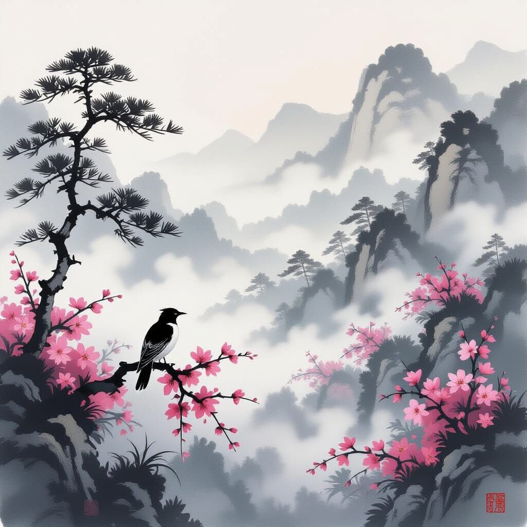 Sumi-e Landscape with Grandala Bird and Valley