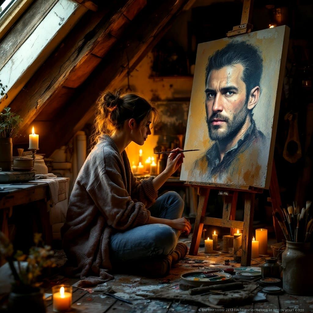 A Woman Paints in a Cozy Attic Studio
