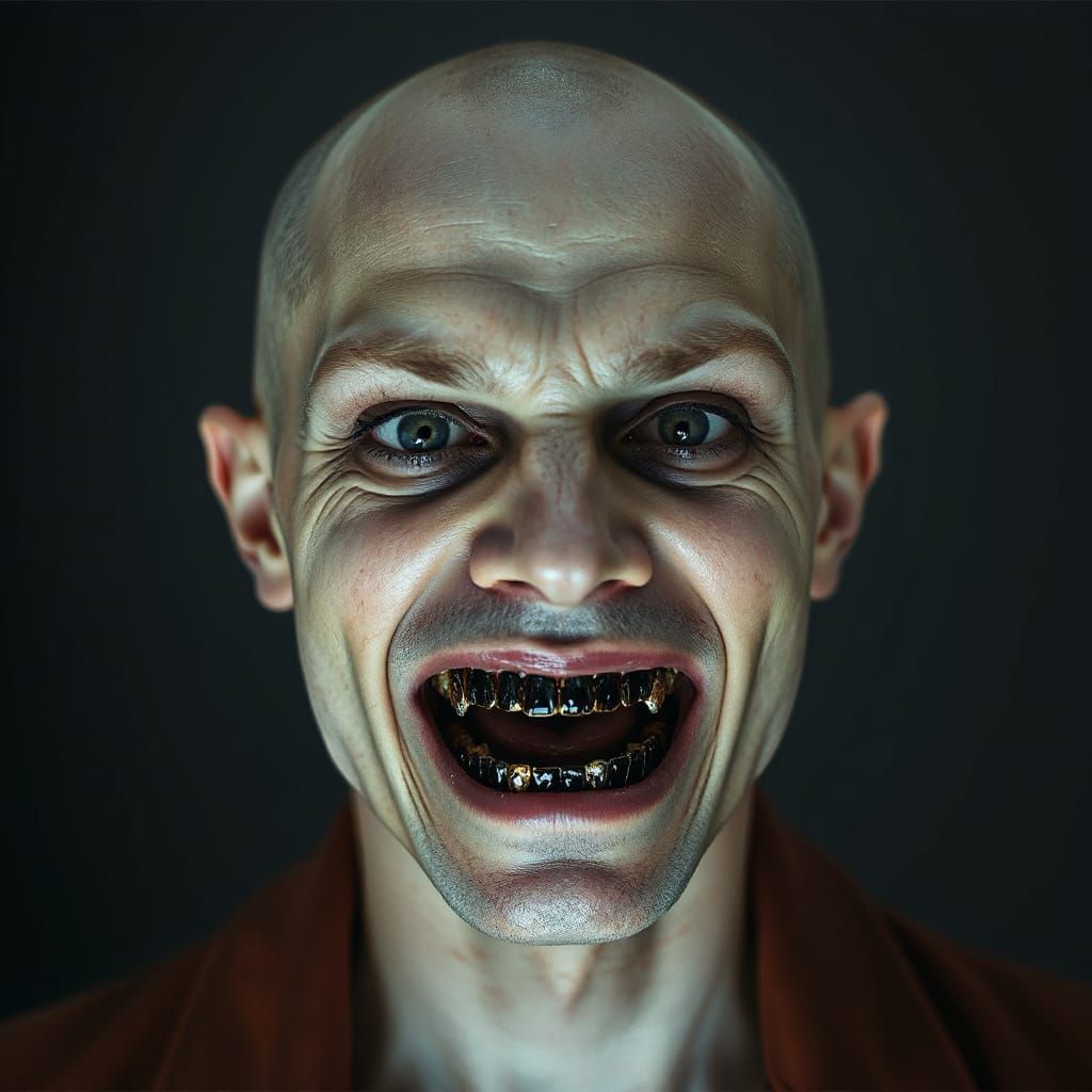 Eerie Portrait of a Bald Head with Onyx Jewel Teeth