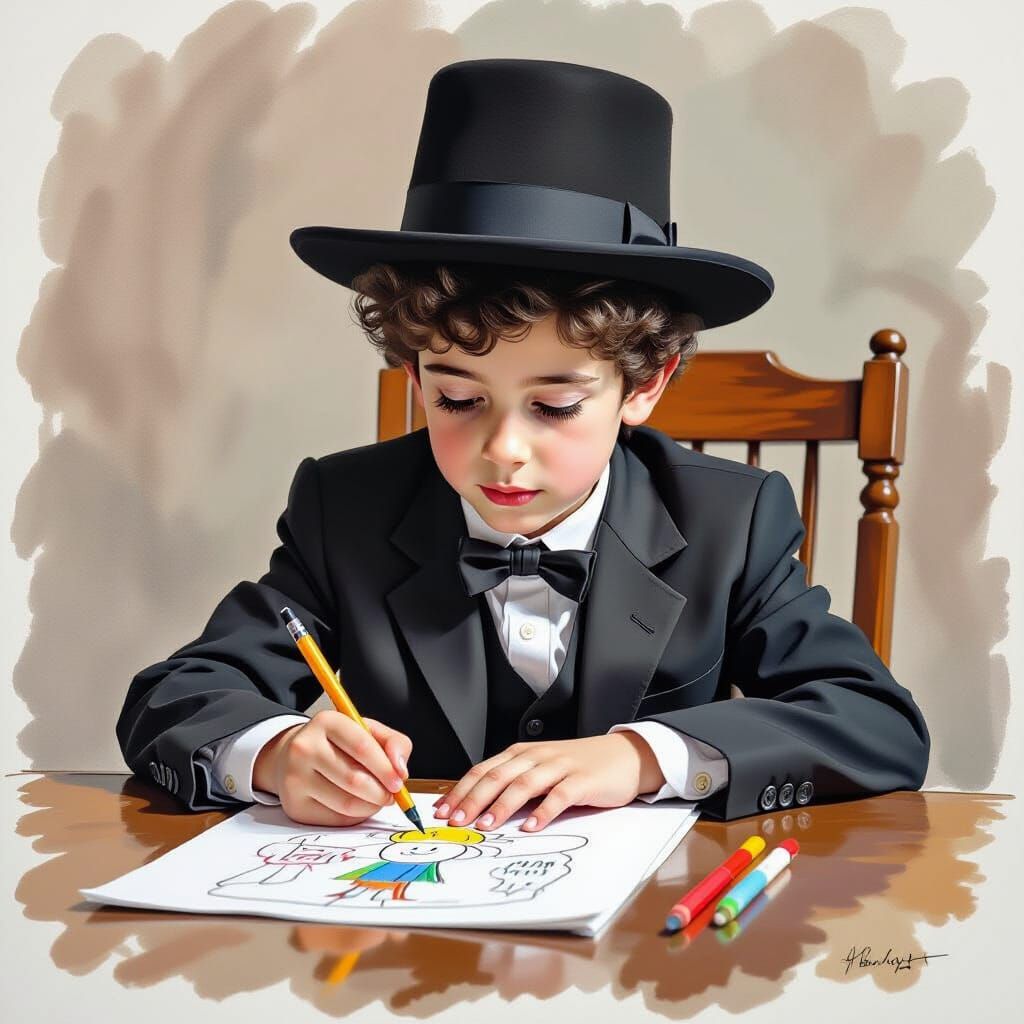 Young Hasidic Boy Engaged in Creative Drawing