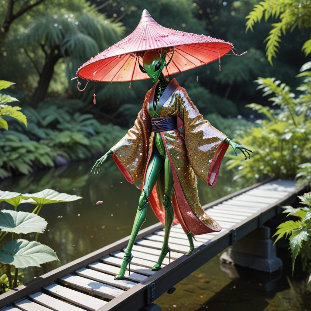 Surreal Sumi-e Style Alien Mantis Model Strolls Japanese Gar...