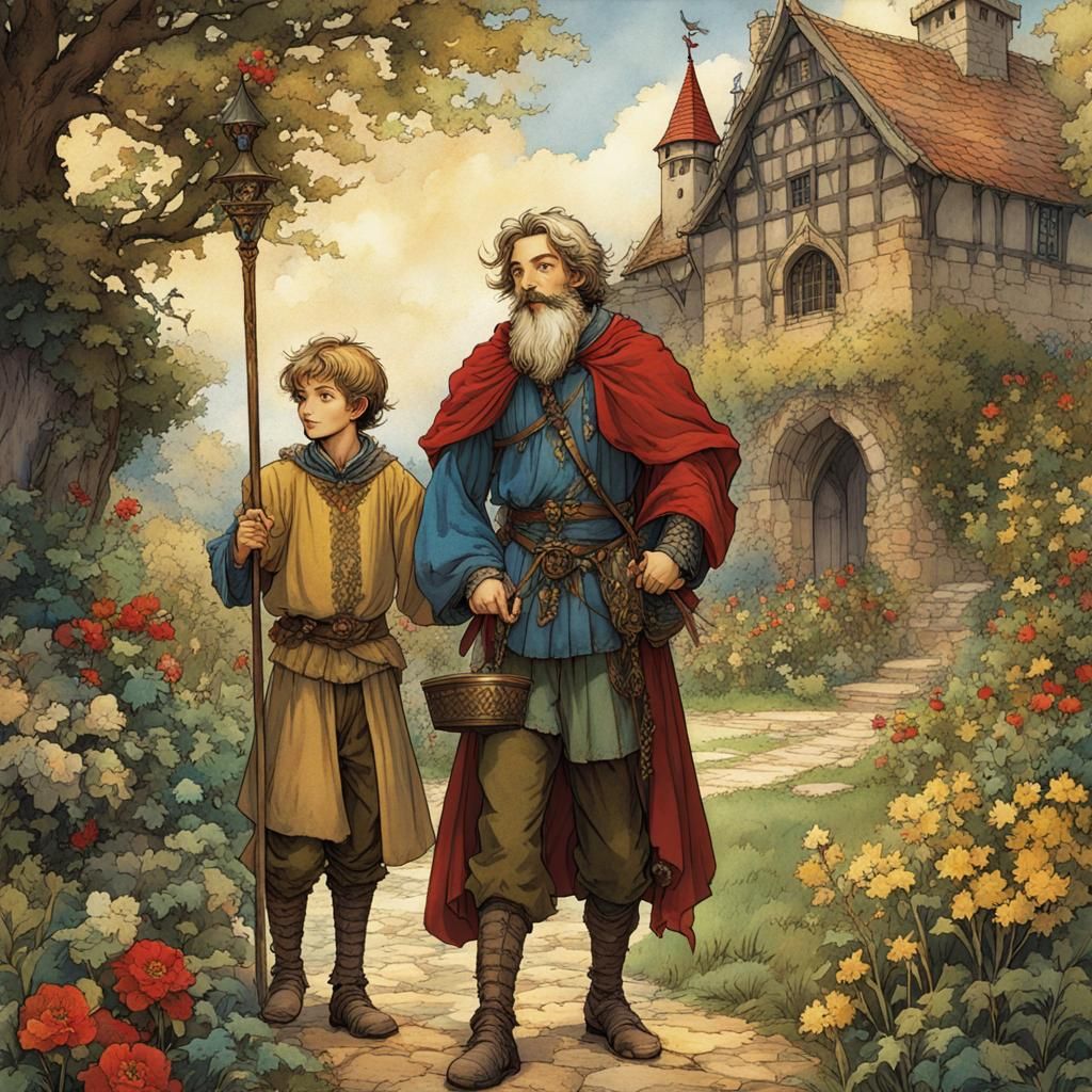 Cheerful Father and Son in Fairytale Garden